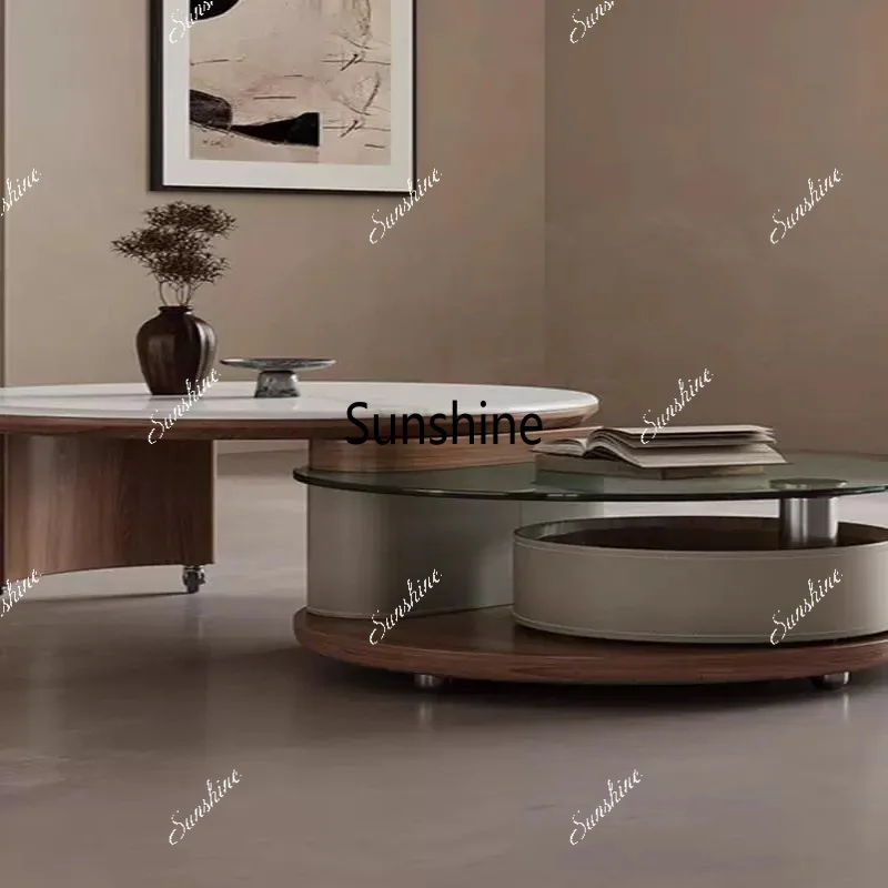 Italian minimalist living room antique style, rotating coffee table household small apartment high-end round glass