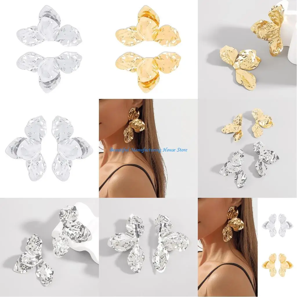 

E56A Stylish Wrinkled Petal Earrings Elegant Dangle Earrings Iron Texture Ear Jewelry Suitable for Formal and Casual Event