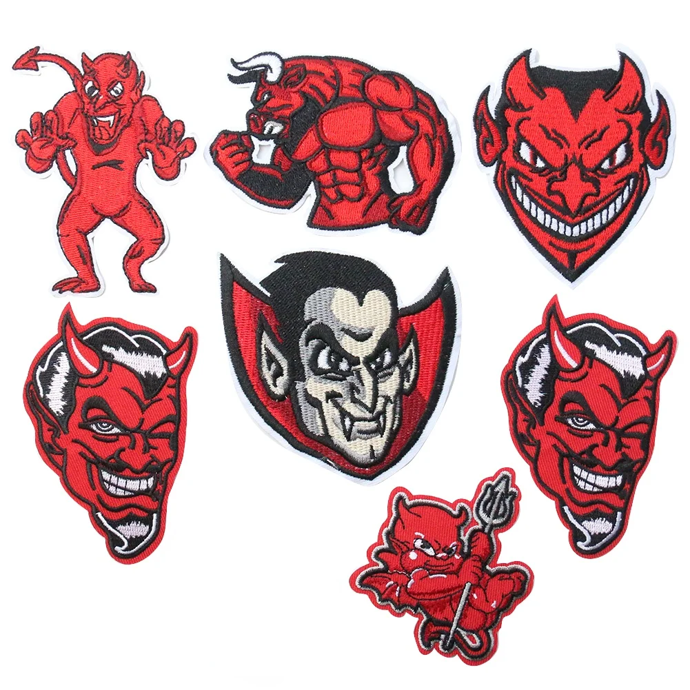 2PCS Devil Imp Embroidery Cloth Stickers Red Fire Head Vampire Badge Iron on Patches DIY Sewing Embroidered Patches for Clothes