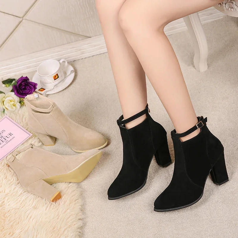 Suede Leather Black Buckle Booties 2024 High Heel Ladies Shoes Warm Zipper Ankle Boot Ankle Boots Women Winter Fashion