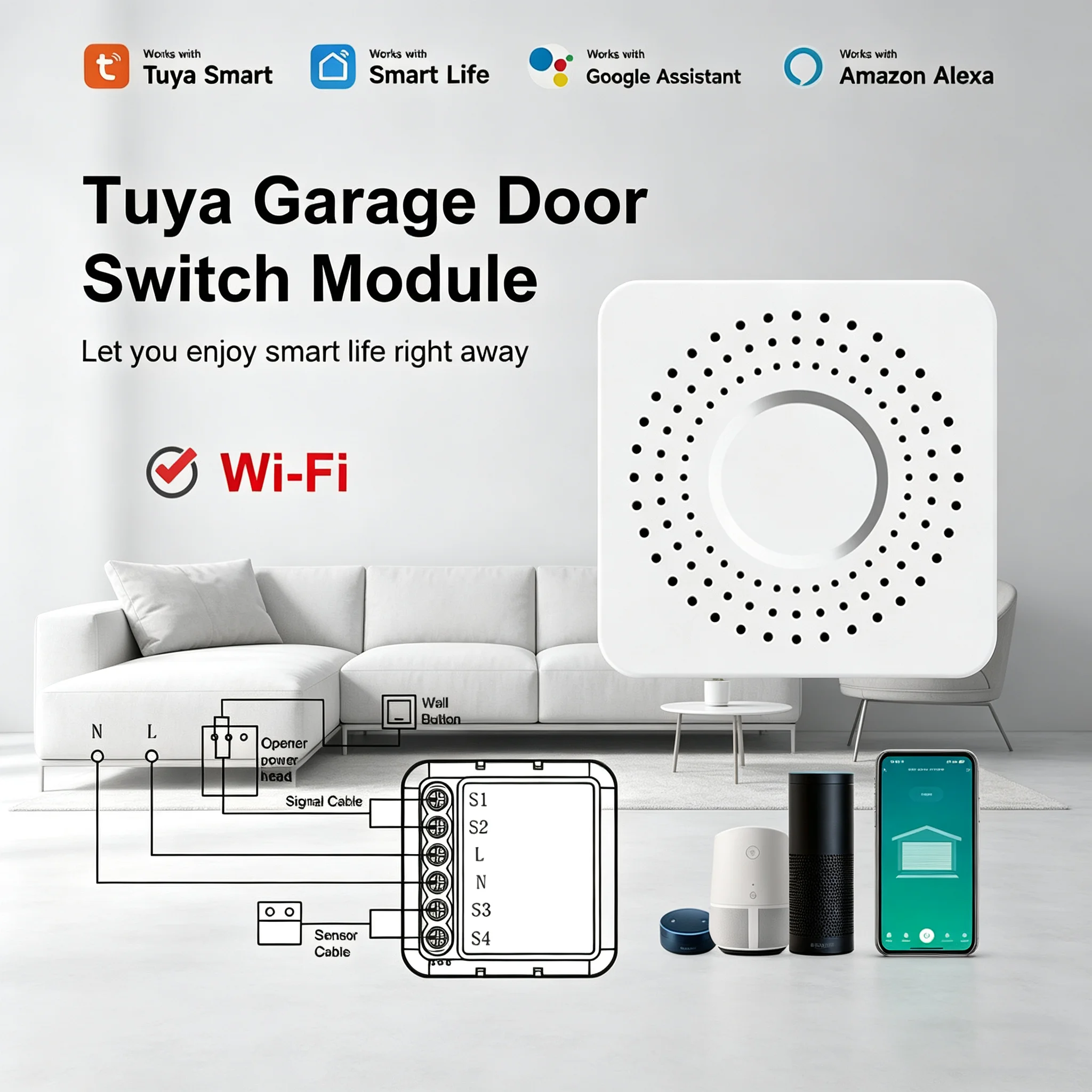 

Умный контроллер открывания гаражных ворот с Wi-Fi, управление через приложение Tuya Smart Life, дистанционное управление через Alexa и Google, модуль безопасности для гаража.
