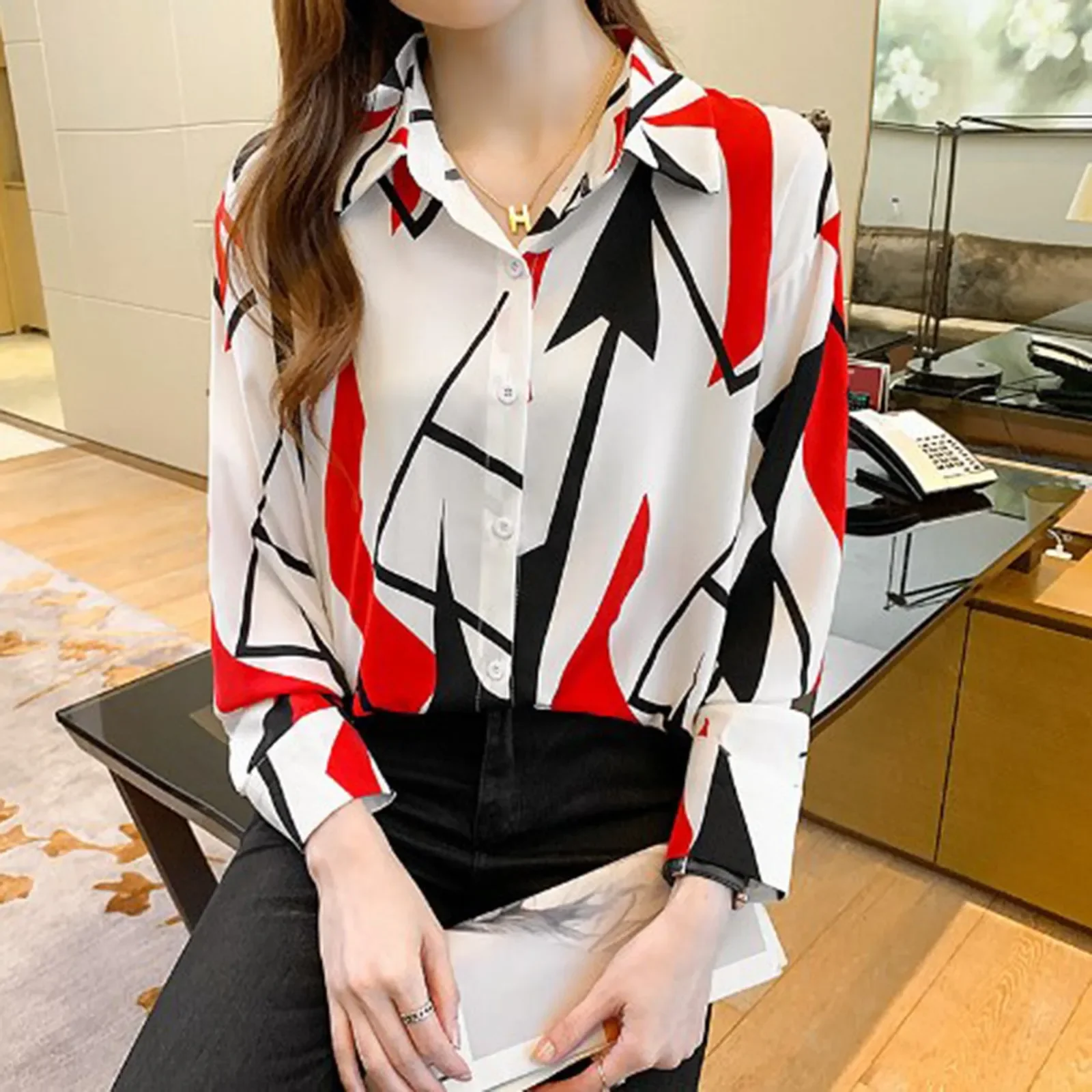 Women'S Temperament Print Shirt Long Sleeve Fashion Loose Shirts Ladies Lightweight Work Blouse Femme Blusas De Mujer