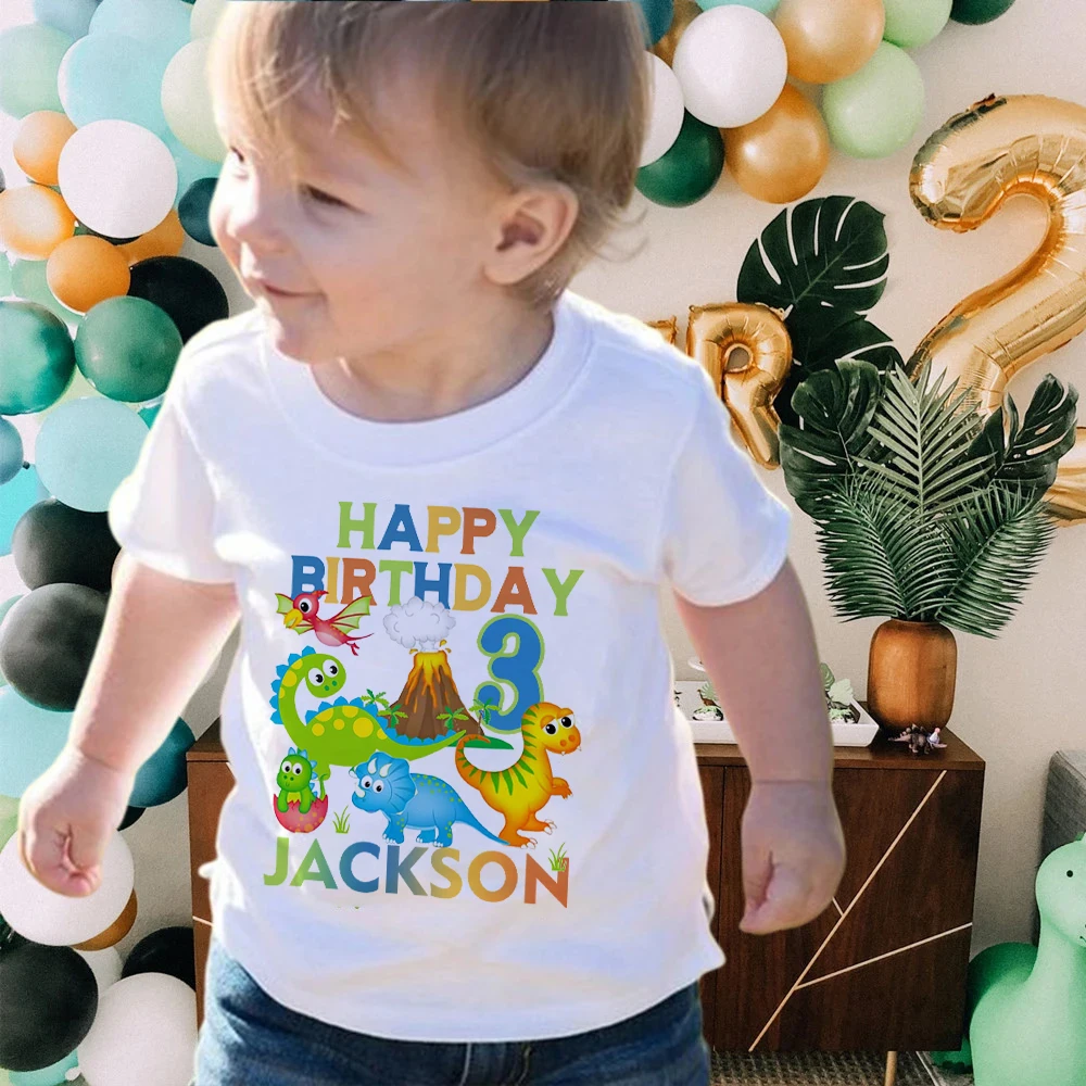 Camiseta de cumpleaños de dinosaurio personalizada para niños, camiseta con nombre personalizado, traje de fiesta de cumpleaños para niños, ropa, regalo para niños, Tops de moda, 1-9 años