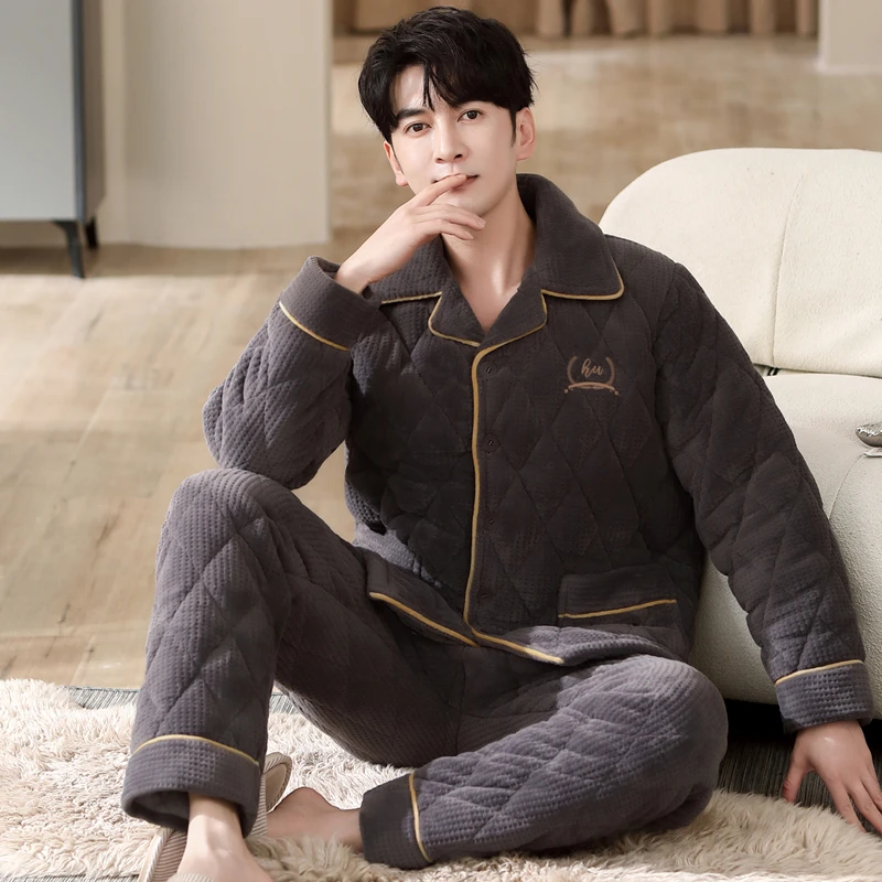 Winter Thick Quilted Men Coral Fleece Pajamas Sets of Sleep Tops & Bottoms Male Flannel Warm Sleepwear Thermal Home Clothing