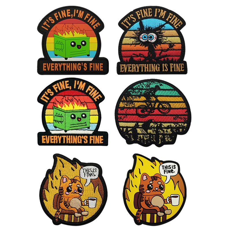 THIS IS FINE Coffee Cat Anime EVERYTHING IS FINE Cat Soft Embroidered Badge Mountain Bike Outdoor Pack Hook and Loop Patch