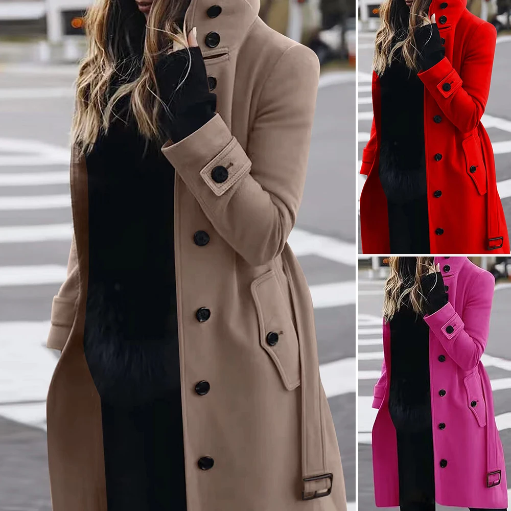 

Женские пальто, зима 2025 г., острый шикарный однотонный плащ с высоким воротом и длинными рукавами, длинными пуговицами спереди