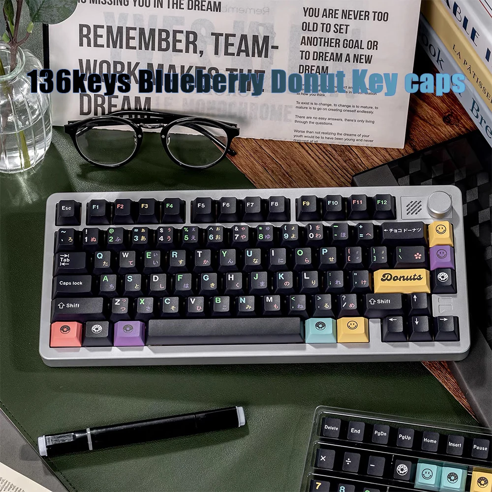 

136 клавиш, черничный пончик, колпачки для ключей, вишневый профиль, сублимация, PBT, японские колпачки для клавиш для деревянной механической клавиатуры, колпачки для ключей на заказ