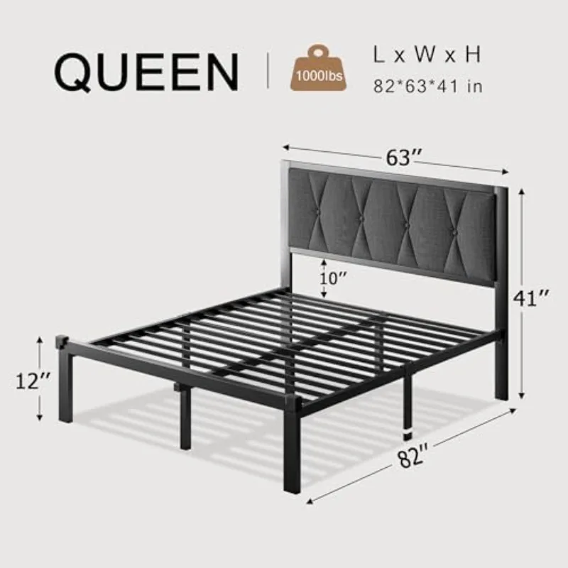 Queen Size Metal Bed Frame, Platform Bed with Upholstered Button Tufted Headboard, 12