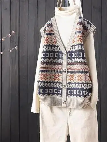 

Women's Knitted Vest Loose Fit V-Ne Open Cardigan Sle Outerwear Autumn Faion Artistic Retro Sweater Jaet