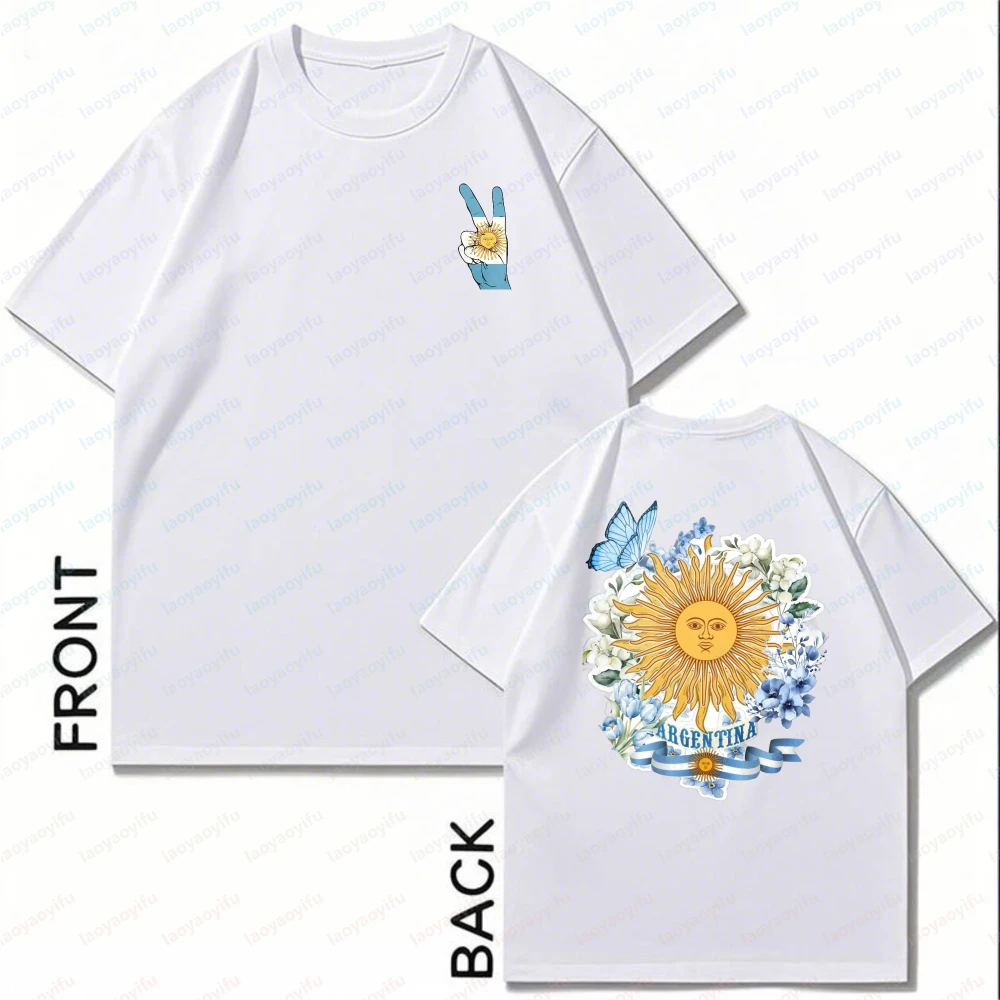 Camiseta Unisex de Algodón con Diseño de Sol y Flores de Argentina, Ropa Casual de Verano, Ropa de Moda para Mujer, Ropa Deportiva para Fanáticas del Fútbol para Partidos
