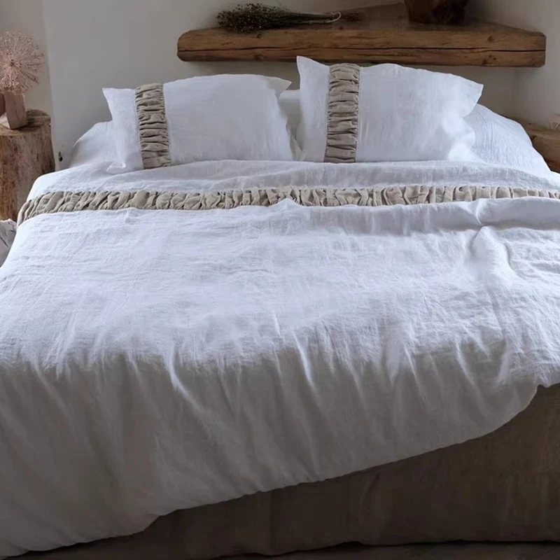 100% Linen White Bedding Set wth 1 Duvet Cover and 2 Pillowcases Soft Queen King Size Bedclothes Bed Linene
