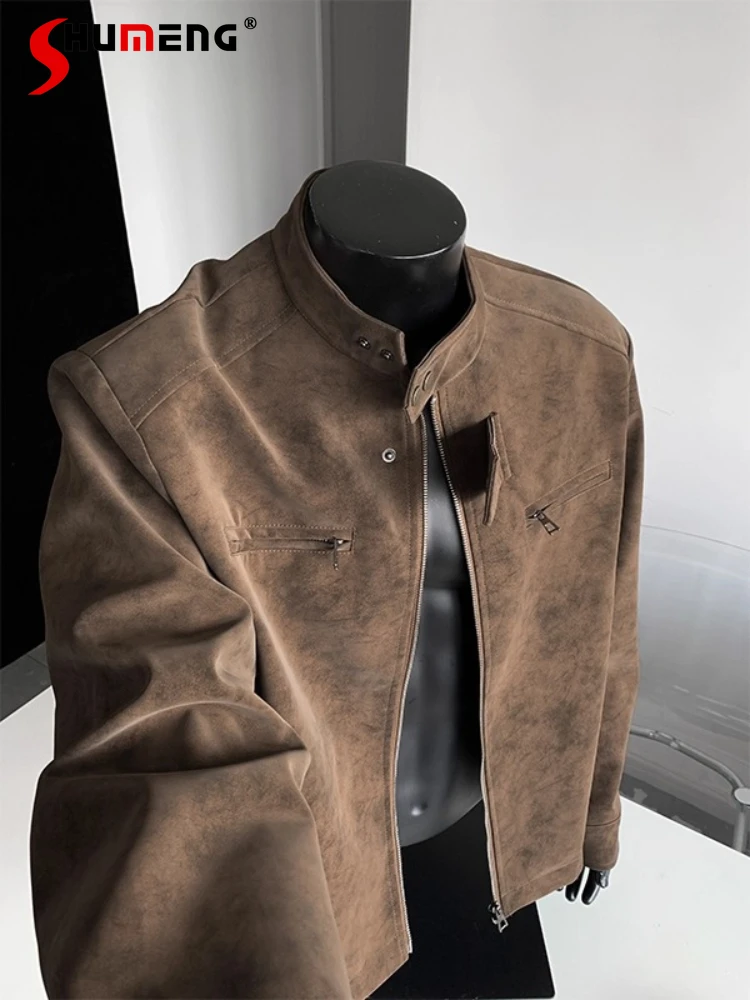 

Men's 2025 Spring Autumn New Loose Comfort Stand Collar Jackets Trendy Handsome Solid Color Tops Male Tie-Dye PU Leather Coats