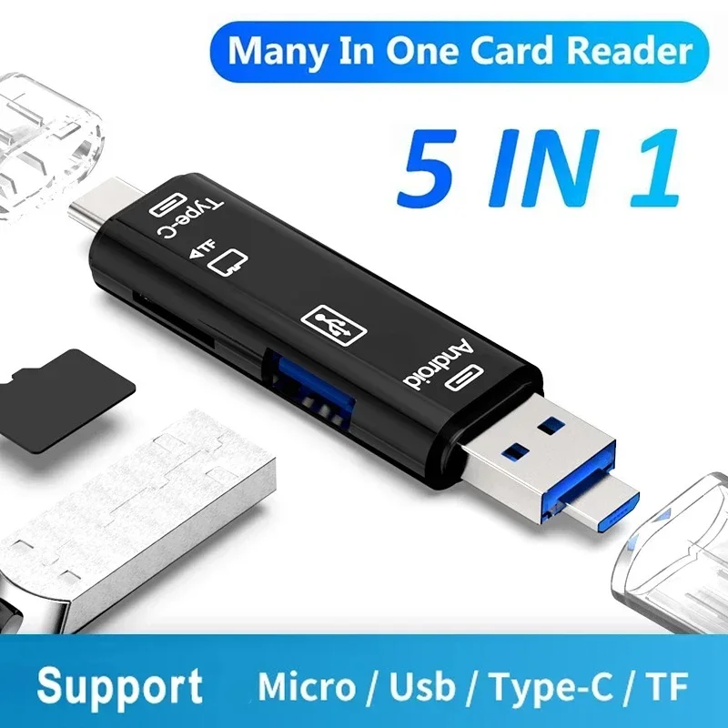 5 In 1 Multifunctionele Usb 2.0 Type C/Usb /Micro Usb/Tf/Sd Memory Card Reader otg Kaartlezer Adapter Mobiele Telefoon Accessoires