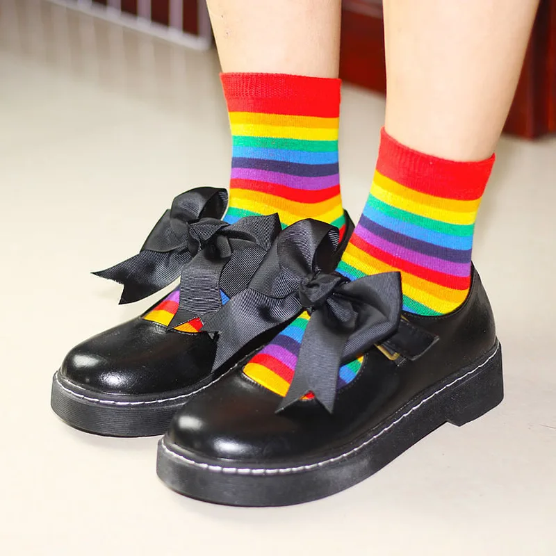 New Women Socks 1 Pair Long Cotton Rainbow Color Striped Printed Novelty Fashion Lady Autumn Socks