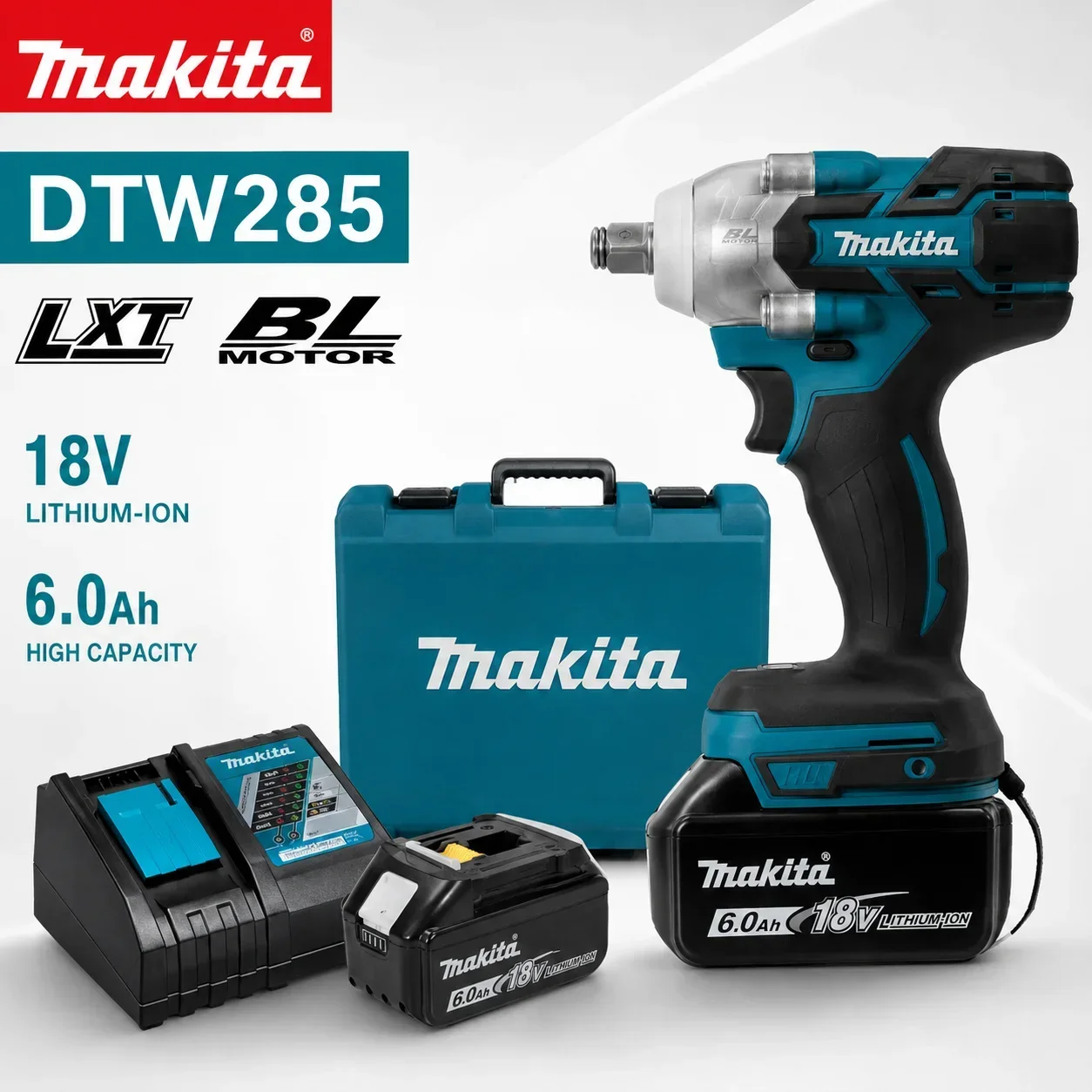 Original Makita DTW285 520N.M Bürstenloser Schlagschrauber, kabelloser Elektroschrauber mit hohem Drehmoment, wiederaufladbares Werkzeug, Makita 18V Akku, Original 6AH Makita BL1860 6Ah Akku,