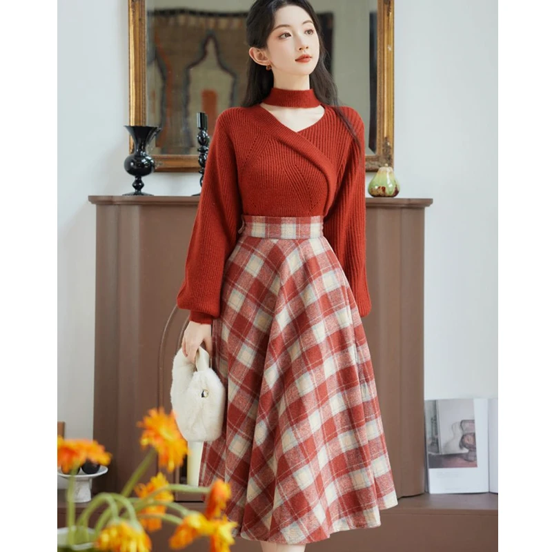 Autumn Winter Women Matching Sets Lucky Red Halter V-Neck Sweater Plaid Skirts Two Piece Suit England Style Vintage Slim Outfits