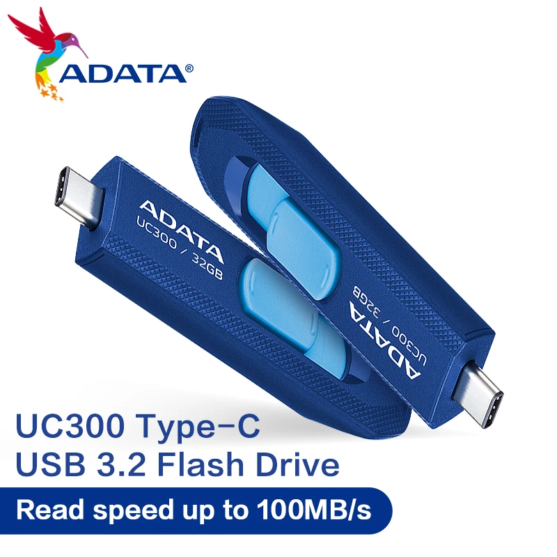 ADATA UC300 USB3.2 Flash Drive Type-C Read Speed Up To 100MB/s 64GB 128GB 256GB Retractable Mini Memory Stick for Computer
