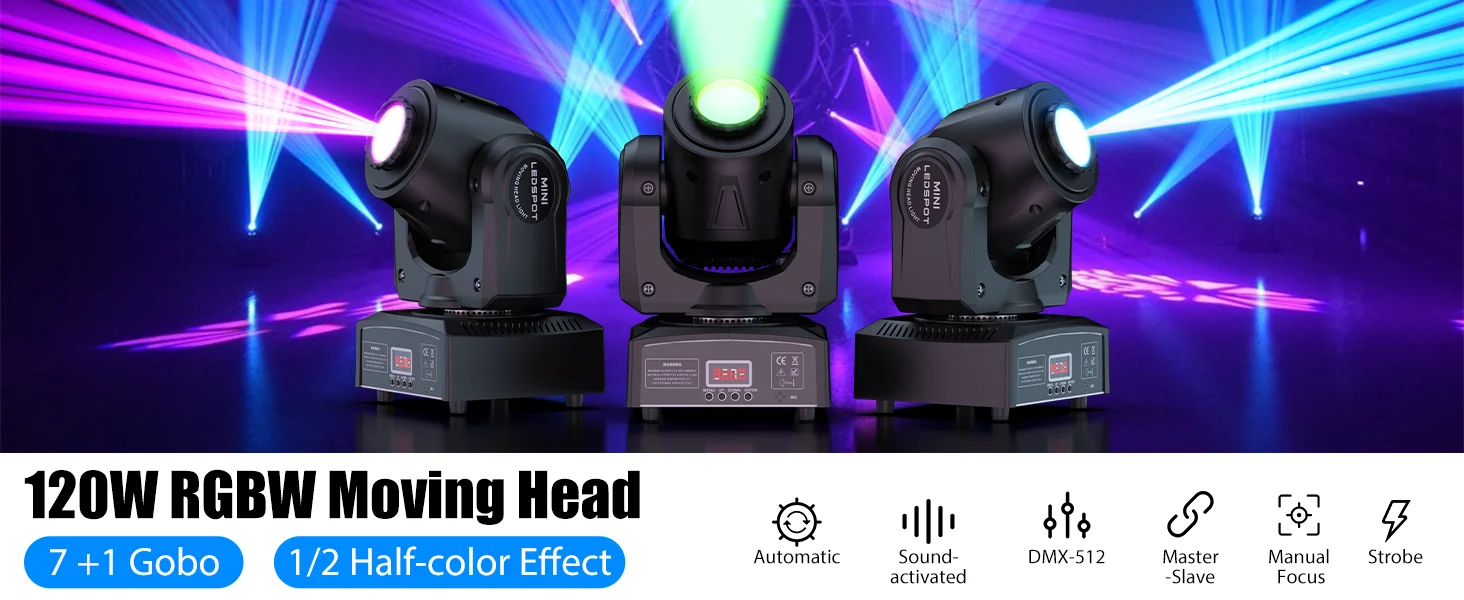 Yiflamefly 120W RGBW LED Moving Head Light mit 8 Gobos, 1/2-Halbfarbeffekt, Spot-Licht, DMX512 Bühnenbeleuchtung für DJ-Partys, KTV, Bars und Shows – Detail 1