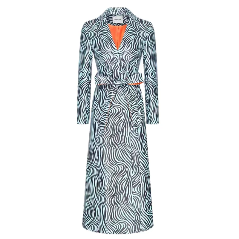 

Women PU Leopard Jacket Autumn Winter Long Coat Luxury Leather Trench Outwear with Belt Zebra Stripe Overcoat Turn-down Collar