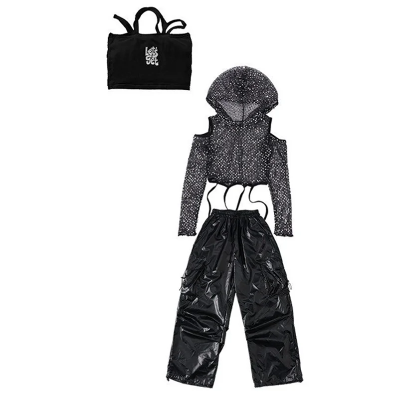 K-pop Girls Sequin Shiny Crop Hoodies Cargo Pants Children Streetwear Kid Teen Hip Hop Jazz Girl Group Street Dance Clothes Set 6