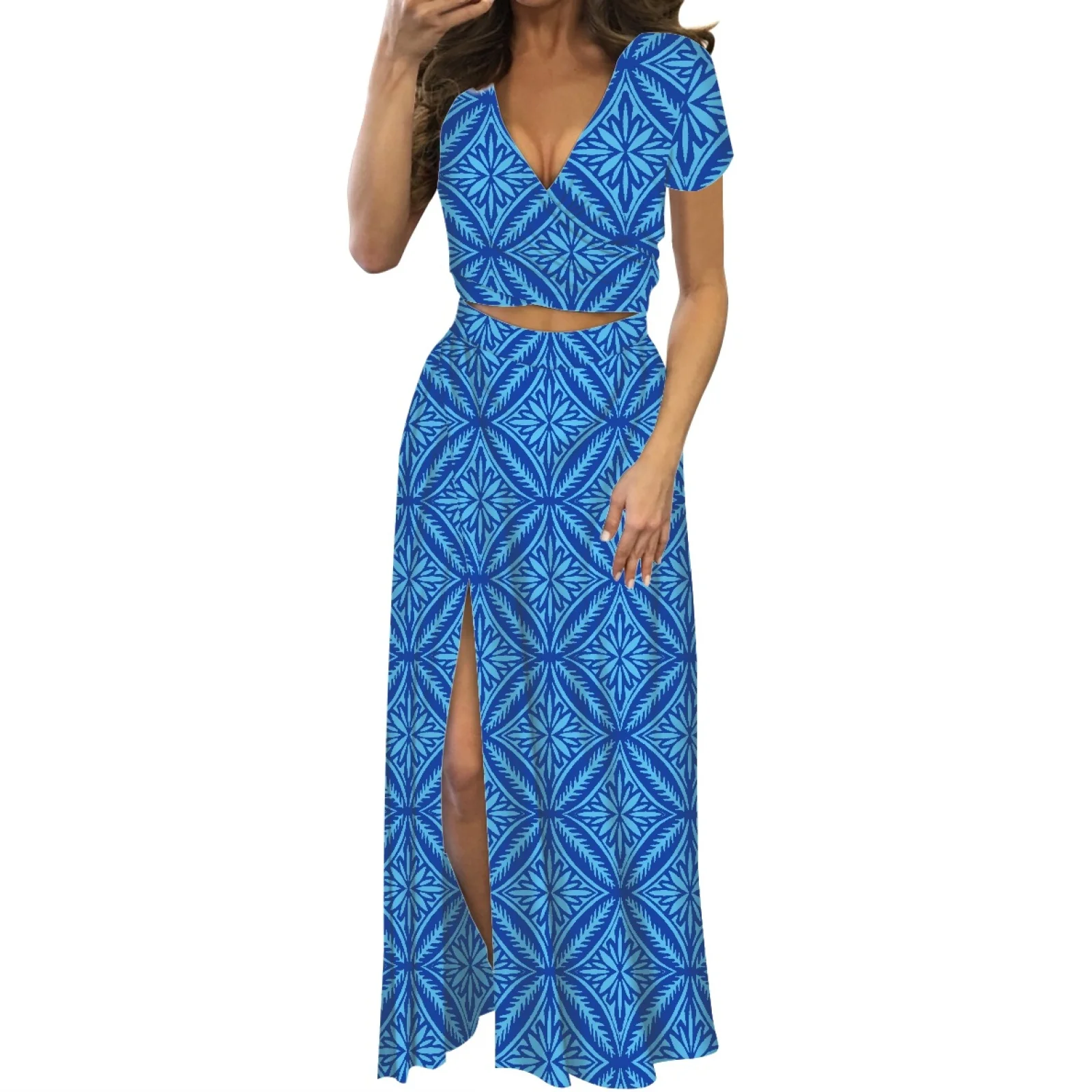 Polynesian Tribal Samoa Hwaii Print Custom 2023 Luxury Party Birthday Short Sleeve Split Dresses Casual Women's 2 Piece Set