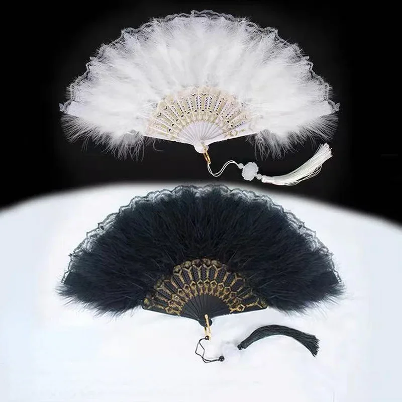 Feather Fans Bloem Lace Trim Fan Opvouwbare Handheld voor Vrouwen Hand Craft Halloween Kerstmis