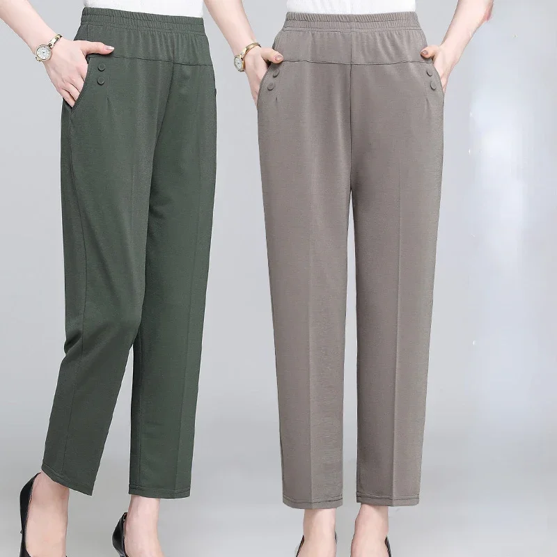 Middle Aged and Old Women Spring Summer Pant Thin Elastic Waist Loose Cotton Mother Long Casual Trousers Plus Size M-3XL