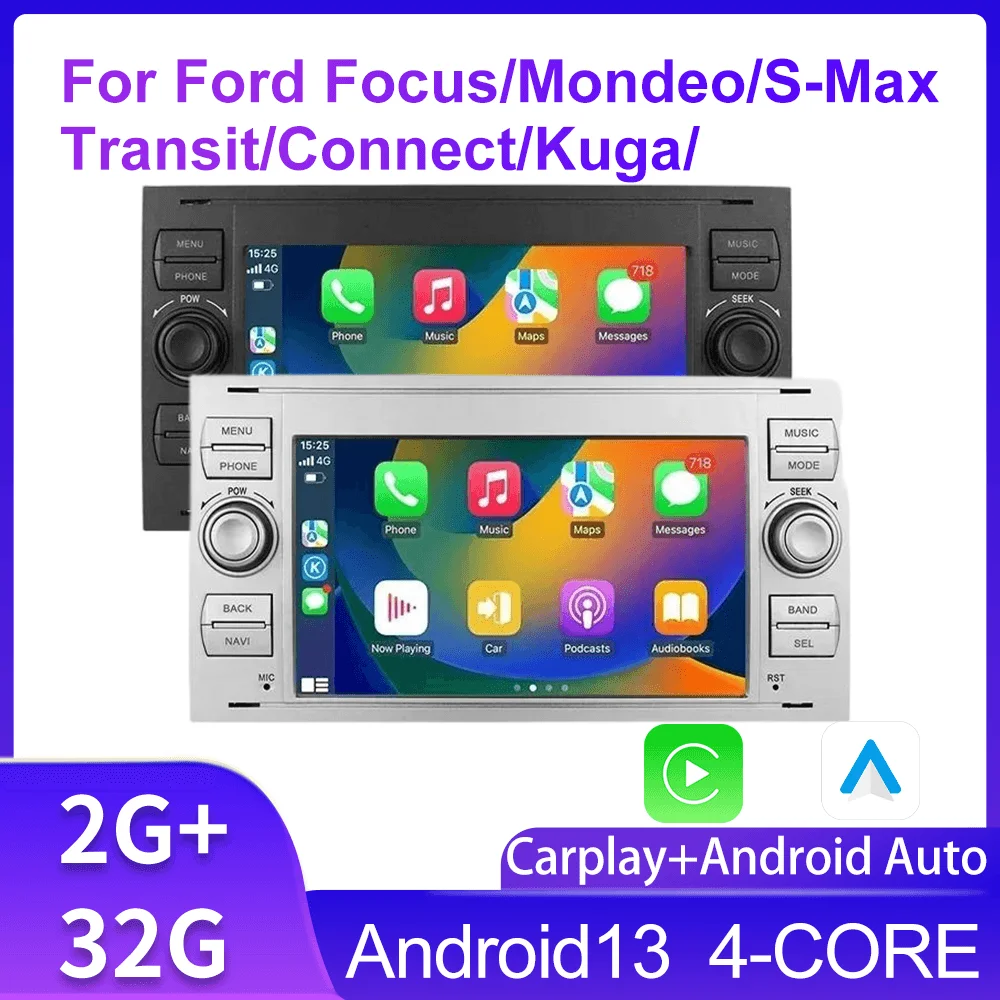 راديو سيارة 7 بوصات مع Carplay لاسلكي Android Auto Bluetooth FM لسيارة Ford Mondeo Fiesta S-max Focus Galaxy Transit Fusion Connect K
