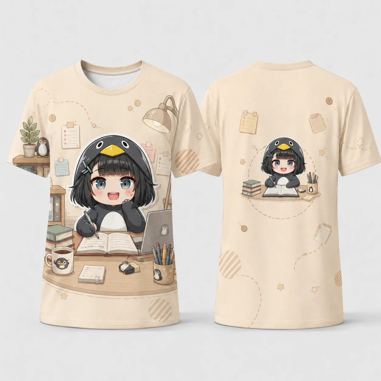Goo goo gaga Cute Penguin Study T Shirt Kawaii Chibi Anime Girl Reading Notebook Coffee 3D Print Quick Dry Breathable Summer Top