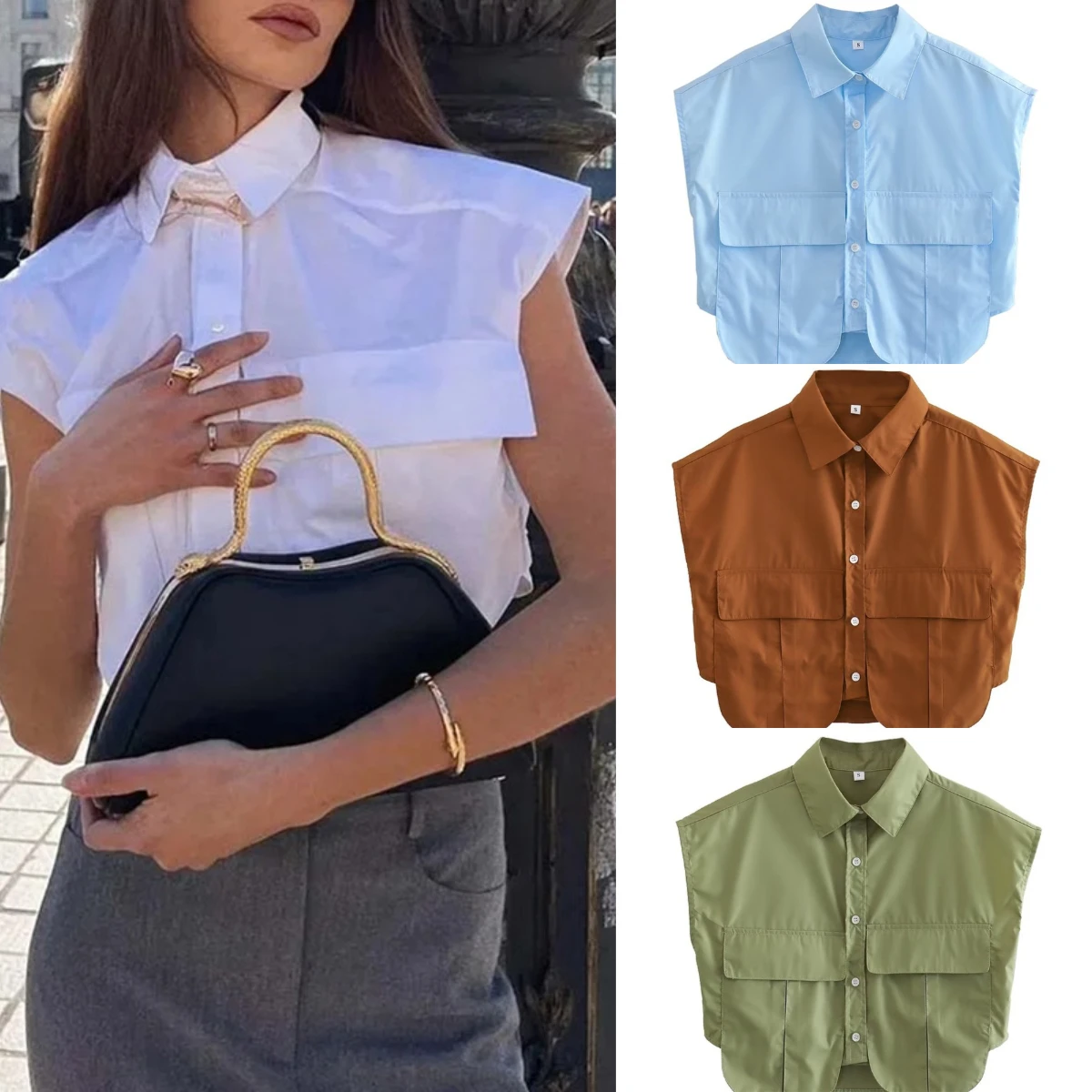 

Cropped Sleeveless White Shirt Women Fashion Pockets Design Short Top Female Chic Lady High Street Shirts 2024 Summer New