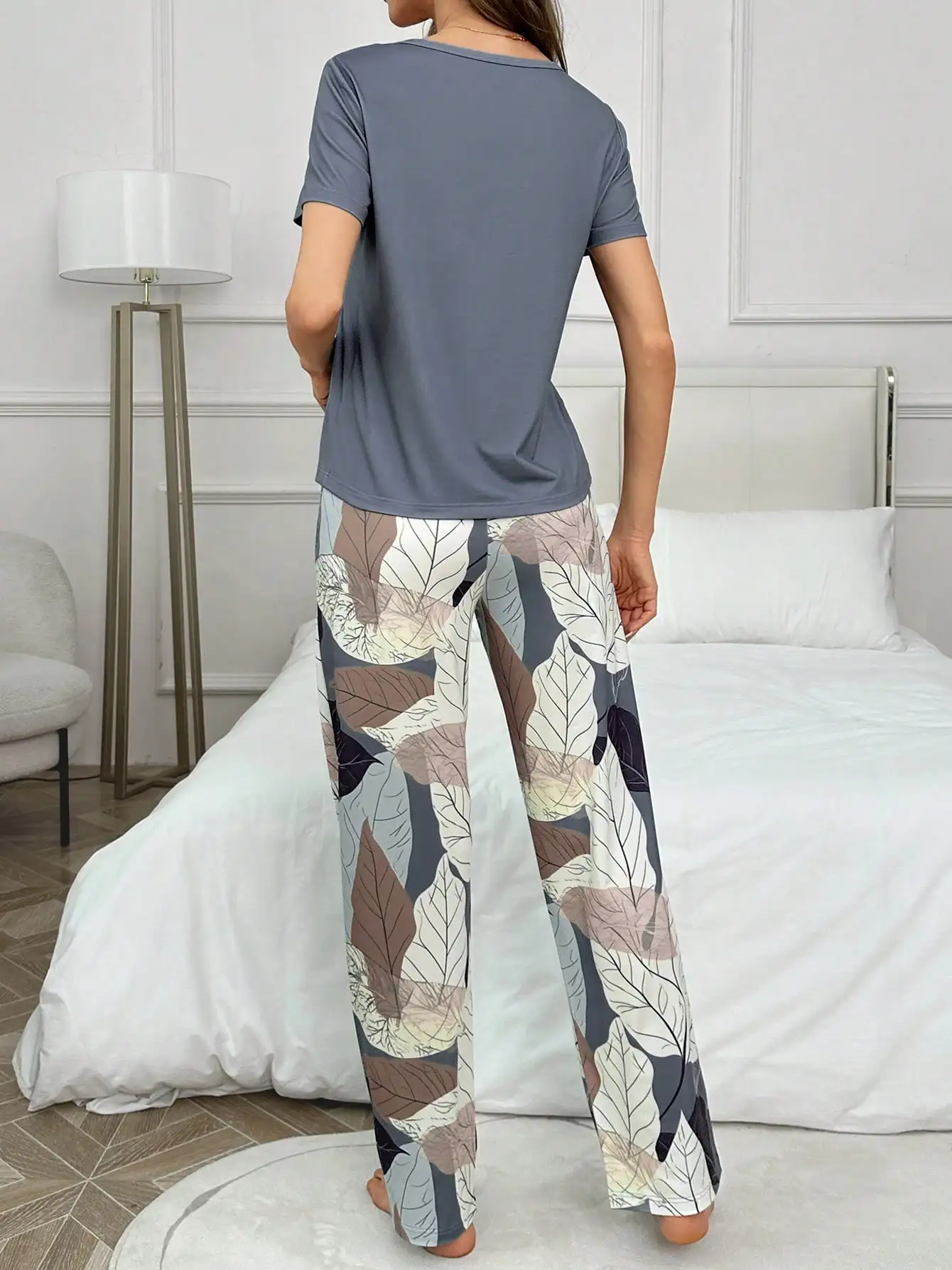 여성용 사계절 잠옷 2피스 세트, 우아한 꽃무늬 프린트, 편안한 반팔 긴바지 잠옷 세트