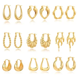 Vintage Trendy 14K gold color Hoop Earrings for Women Simple geometric Earring Waterproof Ear Piercing Jewelry Birthday Gifts