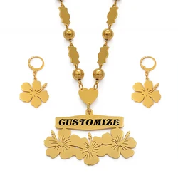 Anniyo Customize Name Necklace and Earrings Micronesia Guam Hawaiian Flower Jewelry Sets for Print Letters Birthday Items#107321