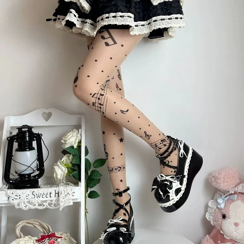 Sweet Lolita Jacquard Pantyhose with Musical Staff Note Patterns Y2K‑style Slim‑fit Hosiery Bow‑decorated Over‑knee Socks