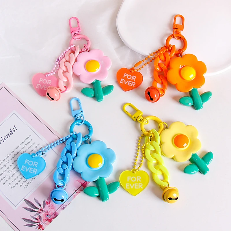 Candy Color Keychains For Bag Women Sweet Flower Pendant Car Keychain Keyring Sunflower Lanyard Strap Key Chain