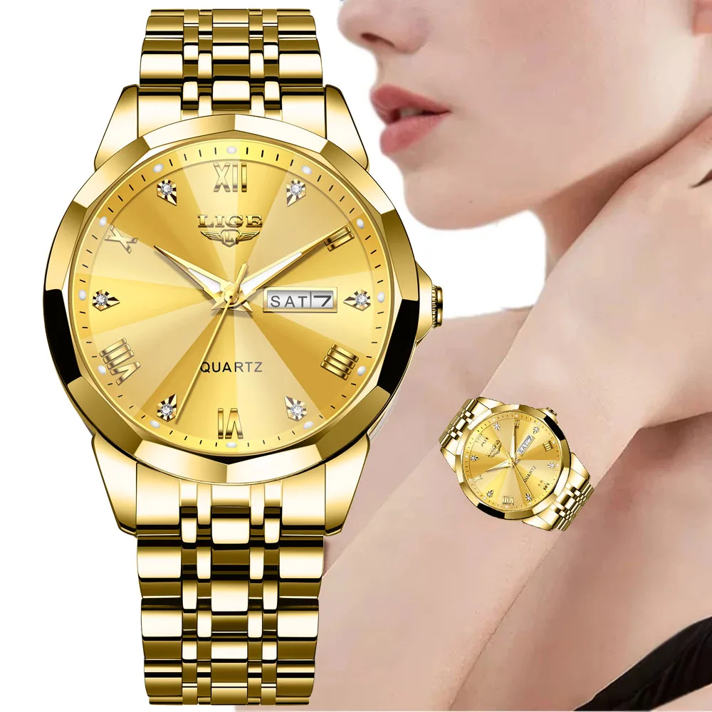 

LIGE оригинальные брендовые роскошные женские часы, модные элегантные креативные стальные кварцевые часы для женщин, водостойкий хронограф с датой недели