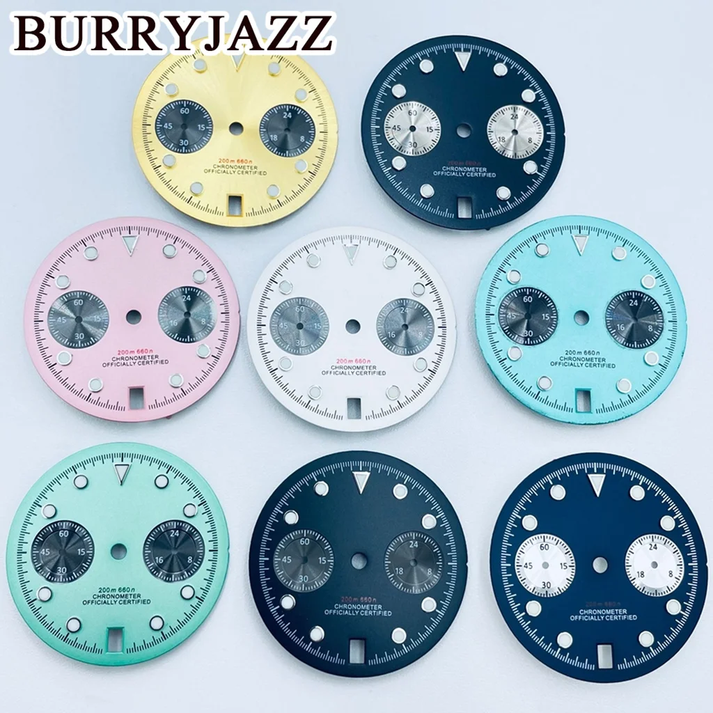 BURRYJAZZ 30mm Chronograph Dial Fit For VK63 VK63A Date At 6 O'clock Quartz Movement Watch Accessorie Panda Dial Green Luminous