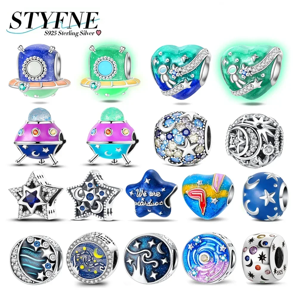

Изысканный серебряный 925 пробы в форме сердца, звездное небо, светящийся космический корабль, подвески, бусины, подходят для оригинального браслета, ювелирные изделия своими руками, подарки на день рождения