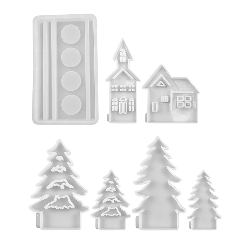 Christmas Tree And House Silicone Mold Set For DIY Cement Plaster Casting, House Tree Combination Decoration Mold