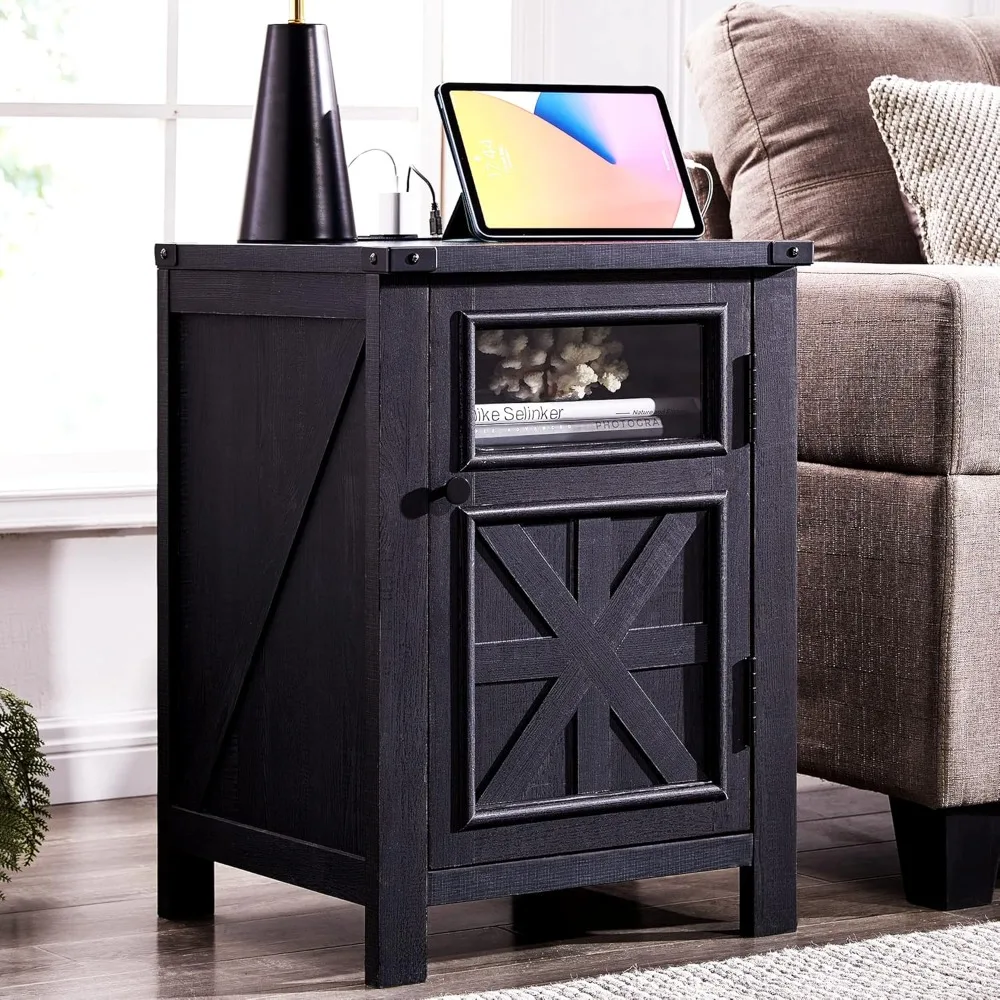 

Farmhouse End Table with Charging Station, 18'' Rustic Nightstand with Barn Door & Adjustable Shelf, with 3-Tier Storage