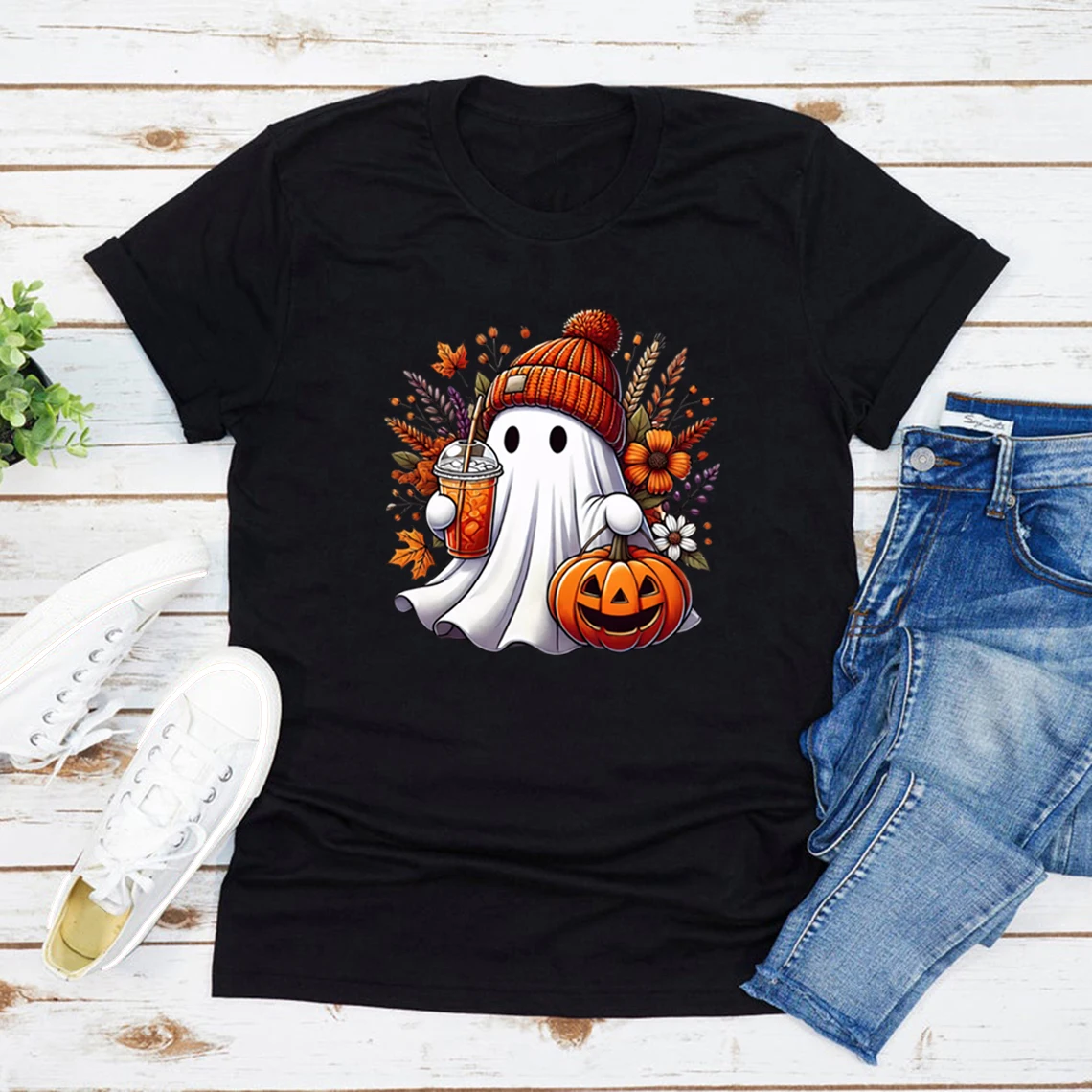 Halloween Cute Ghost T-shirt Halloween Pumpkin Spice Tee Damskie koszulki z grafiką Spooky Season T-shirty Trick or Treat Tees