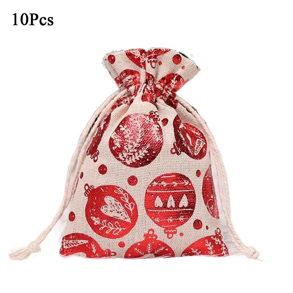 10Pcs Cute Linen Christmas Candy Cotton Bag Santa Claus Hot Gold Christmas Bronzing Gift Bag Snowflake Elk Christmas Gift Bag