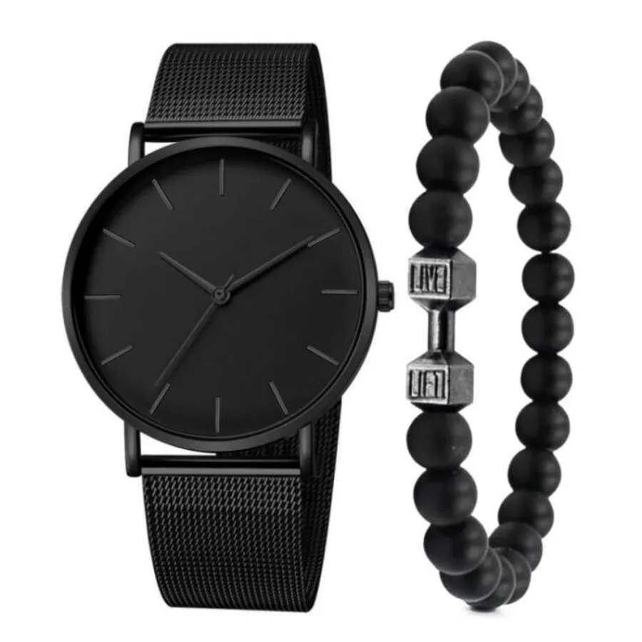 Men\'s Fashion Watch Bracelet Set  Black Plastic Mesh Strap Ultra Thin Business Quartz