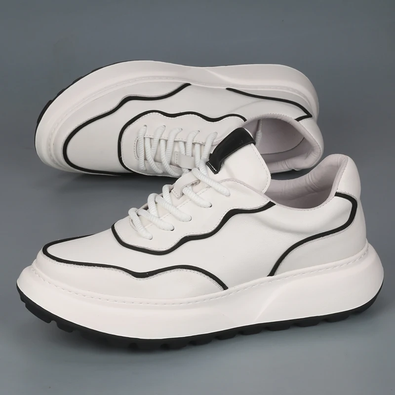 

White Lace Up Thick Sole And Elevated Casual Shoes Are Lightweight, Comfortable, And Fashionable With Cowhide, Versatile