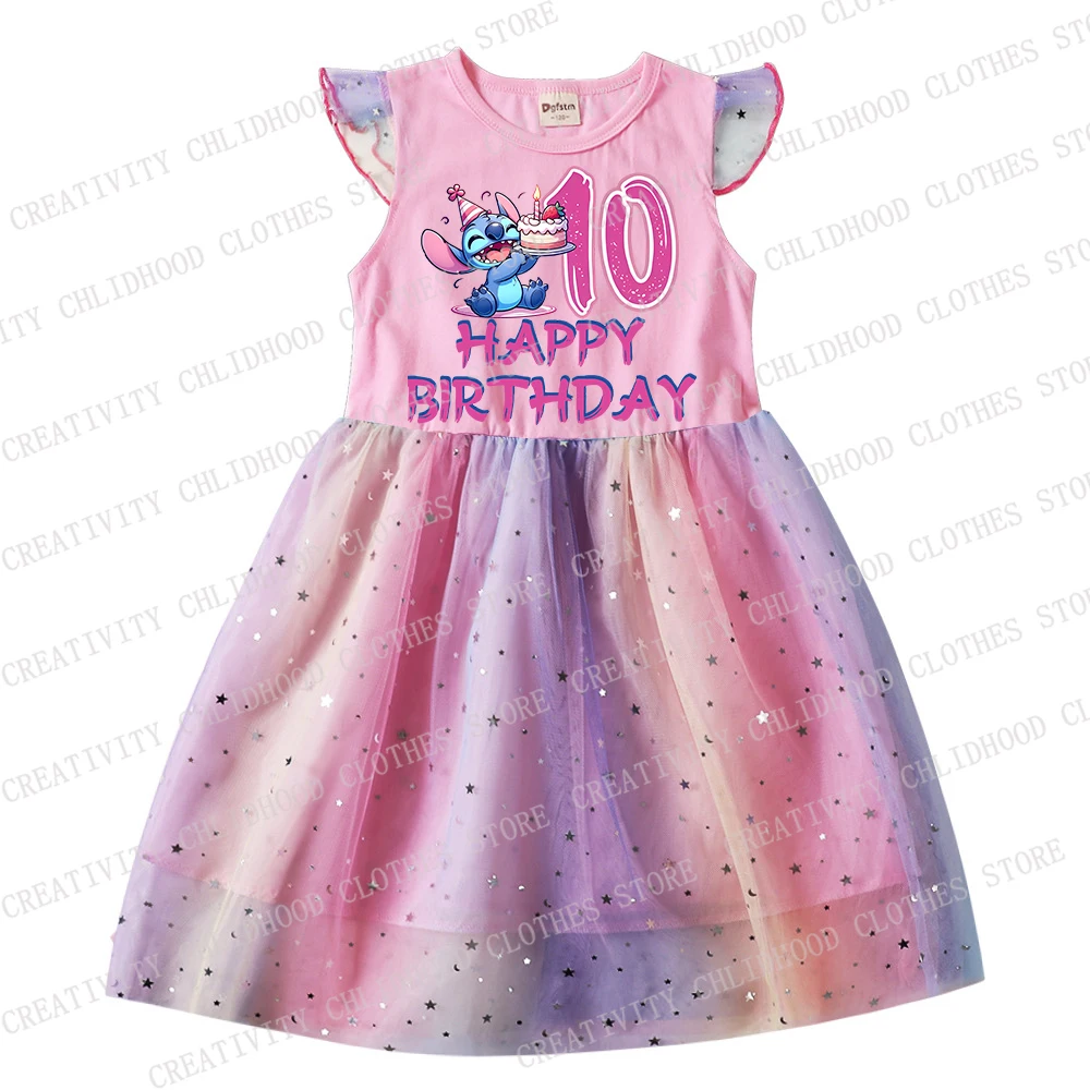 Stitch Meisje Jurk Verjaardag Nummer 1-14 Meisjes Prinses Print Cartoons Disney Kinderen Casual Kleding Gaas Jurken Kid Baby Geschenken