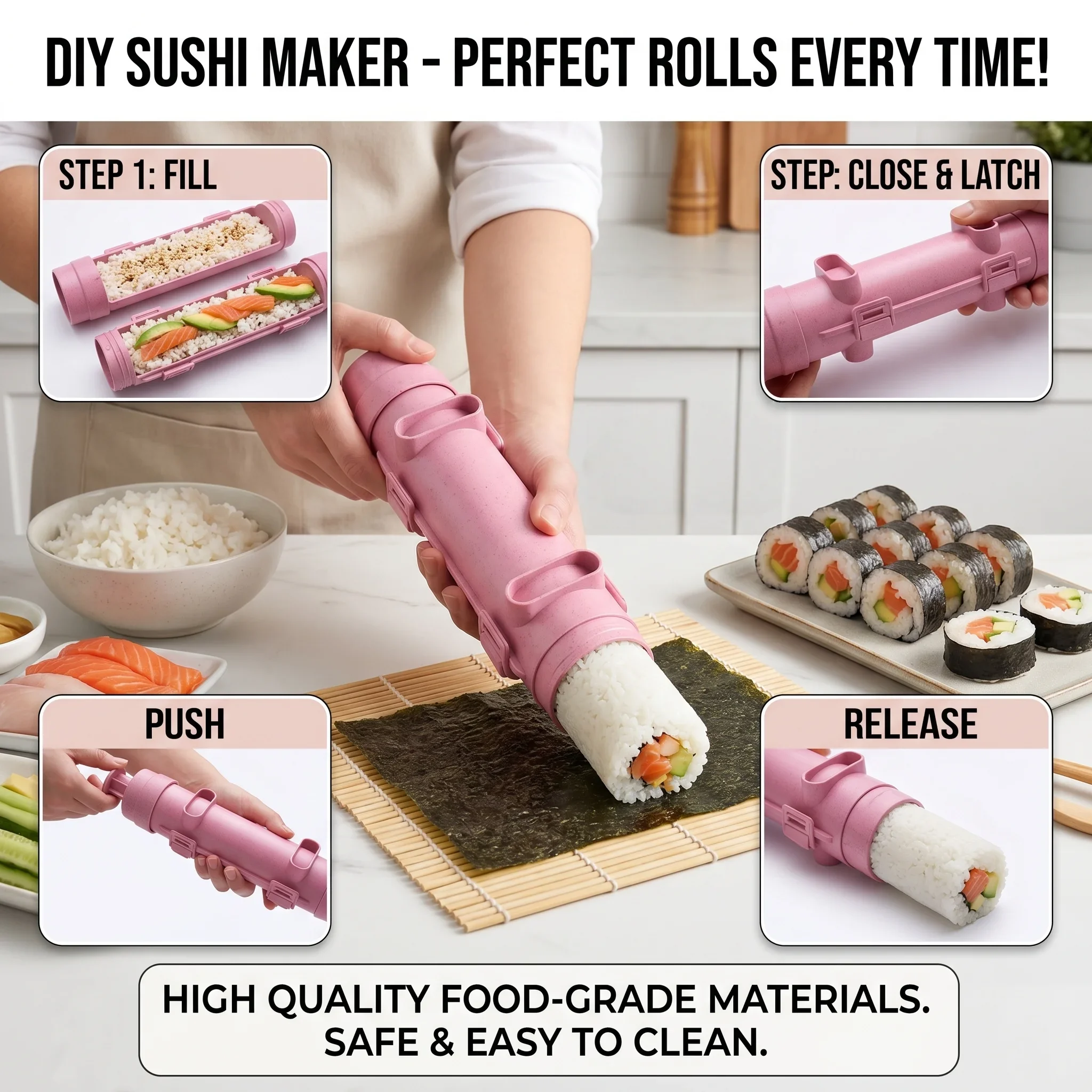 DIY Cylinder Sushi Maker Japanese Roll Rice Meat Mold Easy to Use Kitchen Gadget for Rice And Vegetable Rolls