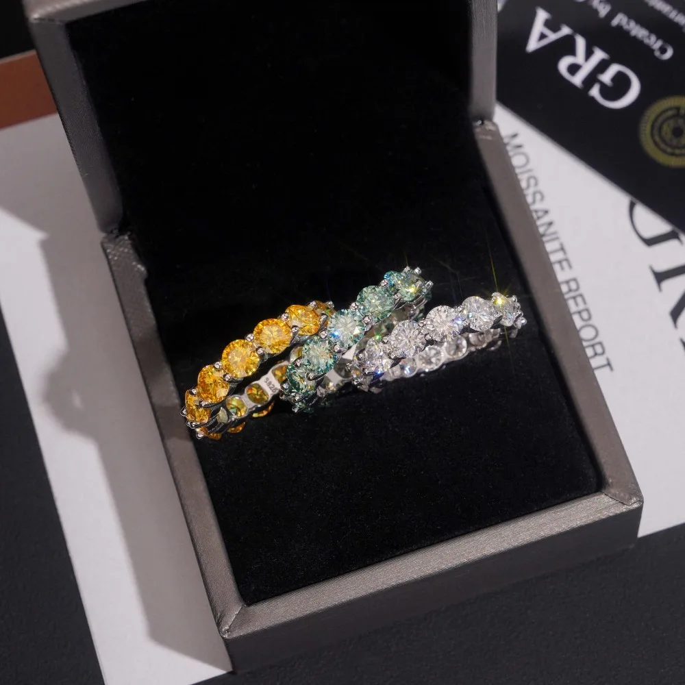 Pierścionek Eternity z Kolorowymi Moissanitami 5mm, Srebro Próby 925, Hiphopowa Biżuteria Męska Damska, Lodowy Pierścionek Ślubny z Diamentami, Przechodzi Test Diamentów