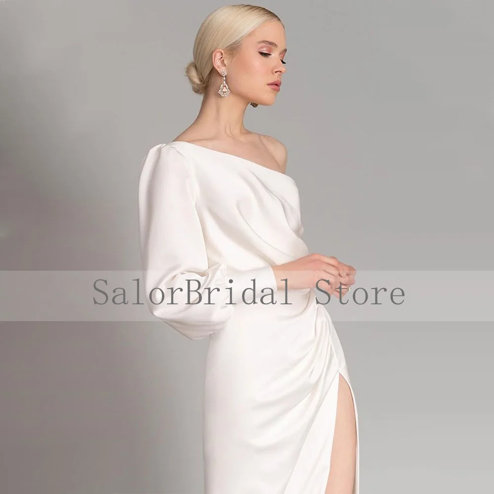 Einfache Hochzeit Kleid Weiß 2022 Schulter Langen Ärmeln Meerjungfrau Hochzeit Kleid für Frauen Braut Satin Seite Slit Vestidos de novia