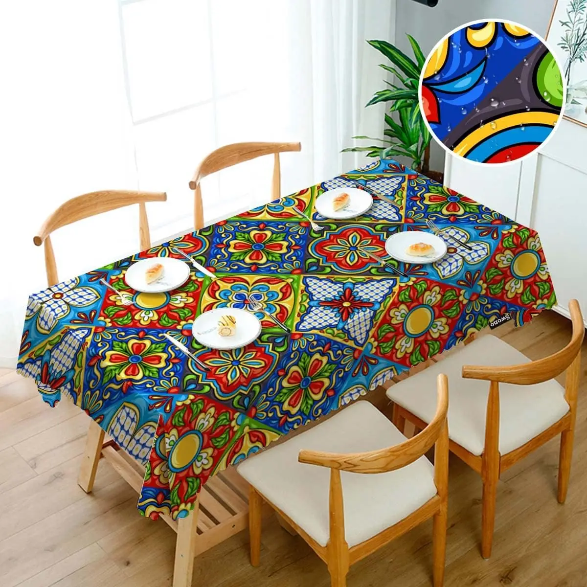Mexican Ethnic Patchwork Mandala Waterproof Tablecloth Kitchen Table Decor Washable Rectangle Table Cloth for Mexico Party Decor view 3