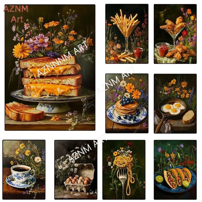 Grilled Cheese Pancakes Tacos Funny Food Flowers Still Life Posters Canvas Printing Wall Art Picture for Kitchen Home Decor